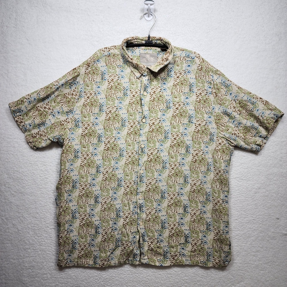 Margaritaville Mens 2XL Silk Linen Blend Tribal Geometric Print Aloha Shirt Tan
